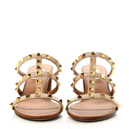 Valentino Garavani Raffia Calfskin Rockstud 60mm Caged Slide Sandals 37.5 Naturale 2 of 11