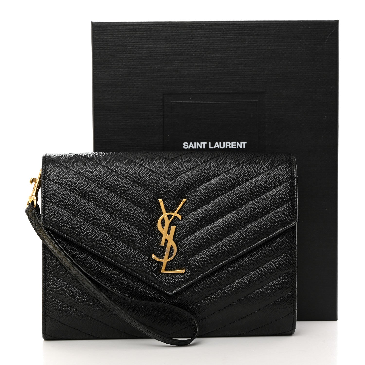 Saint Laurent Grain De Poudre Matelasse Chevron Monogram Envelope Clutch Black 8 of 8