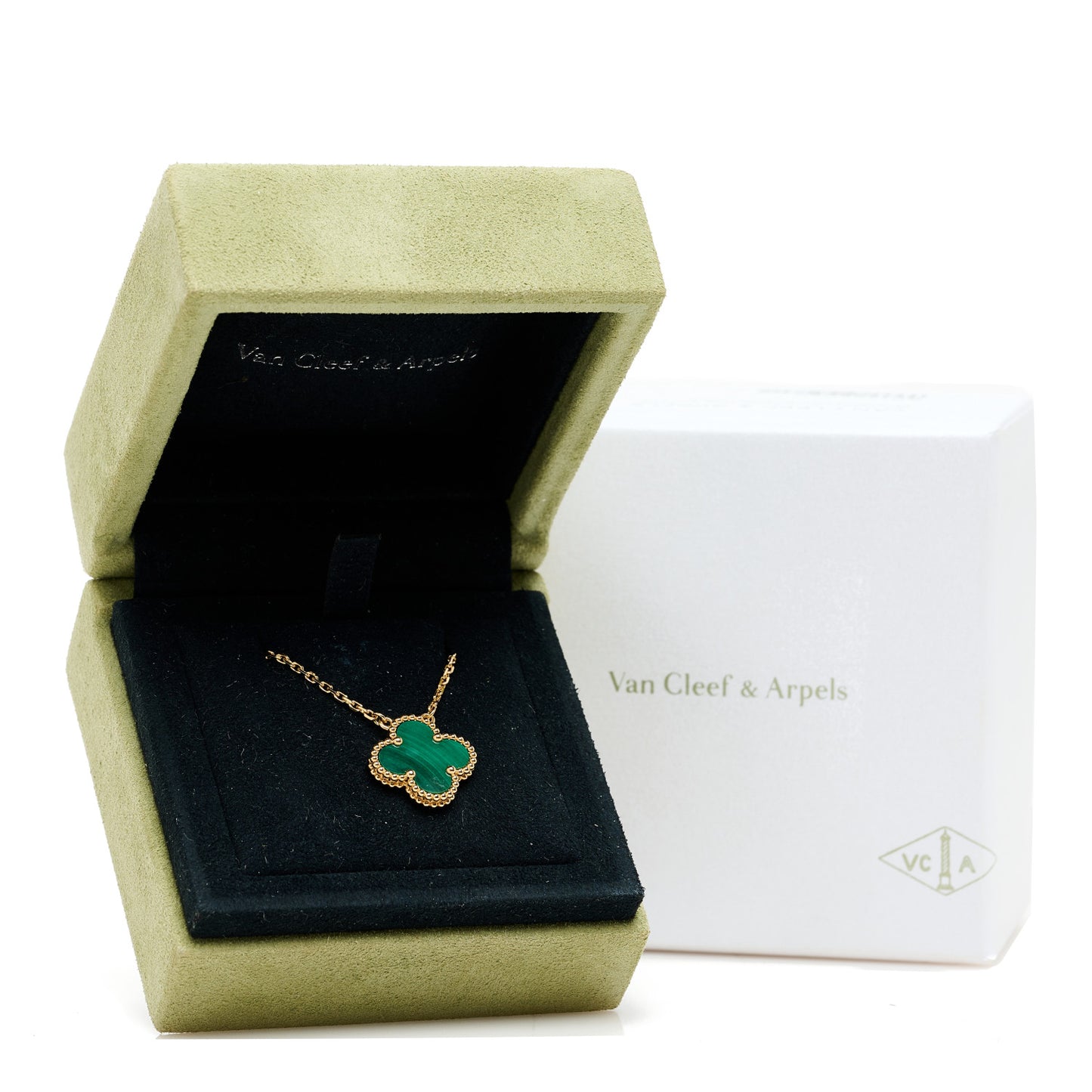 18K Yellow Gold Malachite Vintage Alhambra Pendant Necklace