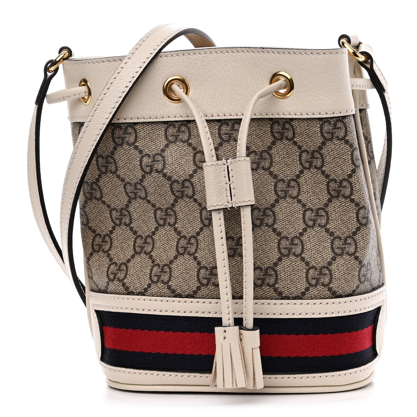 GG Supreme Monogram Textured Calfskin Web Mini Ophidia Bucket Bag Beige Ebony Mystic White