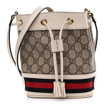Gucci GG Supreme Monogram Textured Calfskin Web Mini Ophidia Bucket Bag Beige Ebony Mystic White 1 of 11