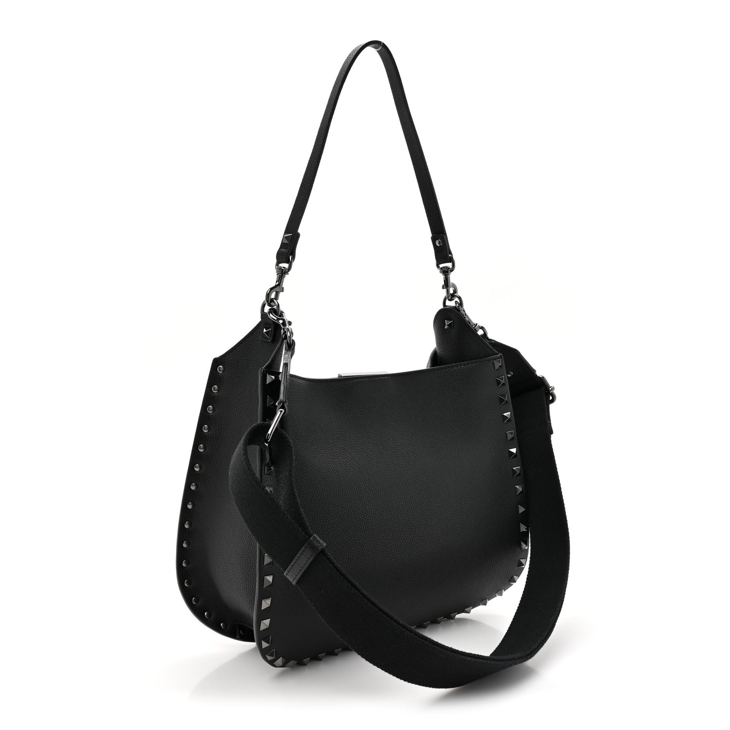 Pebbled Calfskin Rockstud Hobo Black