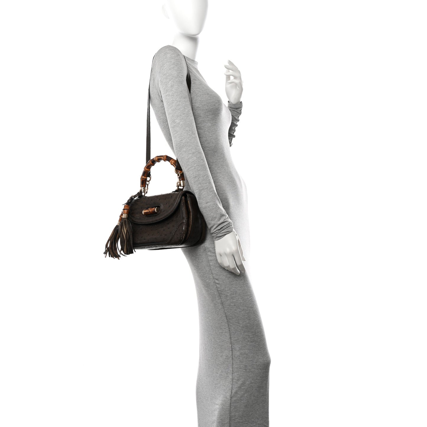 Ostrich Medium New Bamboo Top Handle Bag Dark Brown