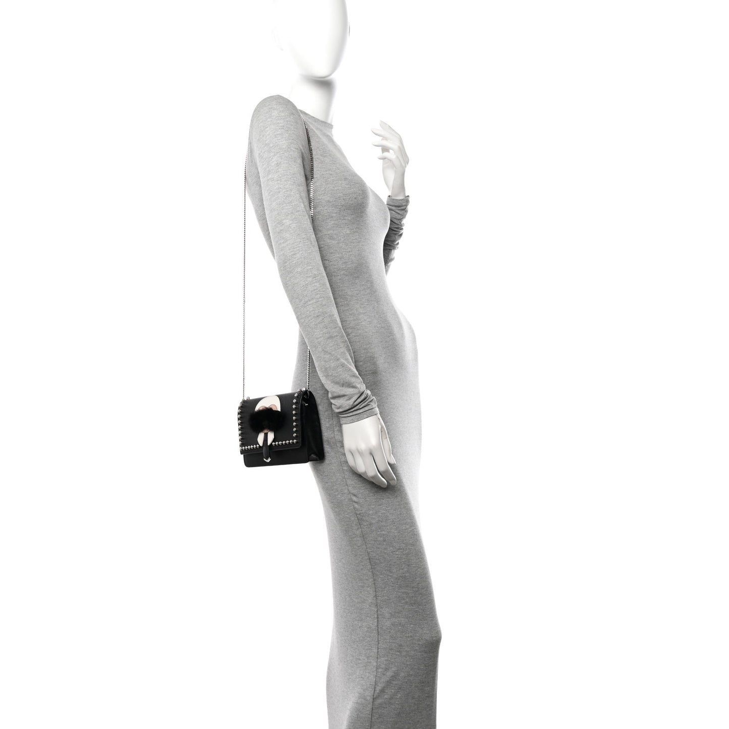 Vitello Elite Mink Fur Studded Karlito Tube Wallet on Chain Black