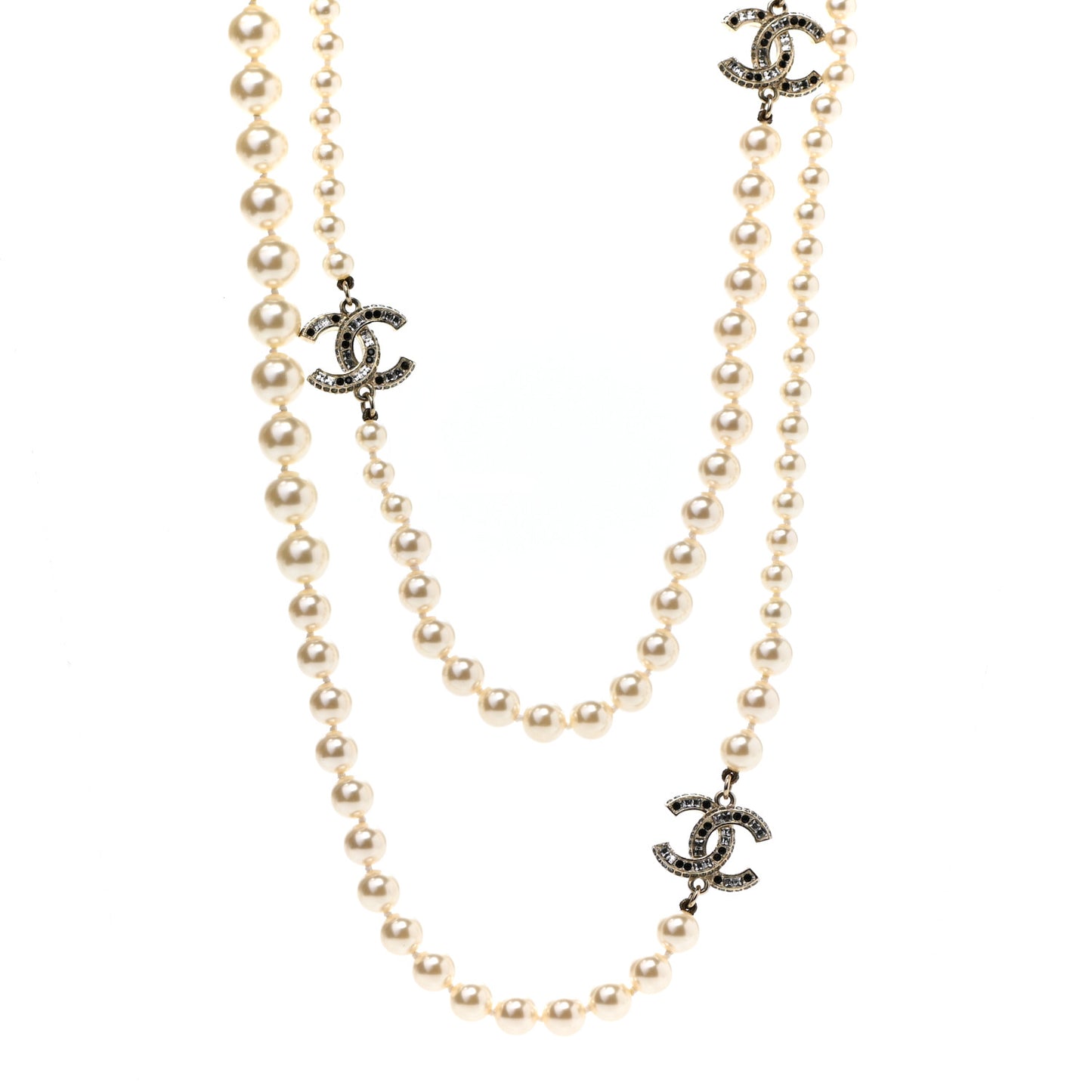 Graduated Pearl Crystal CC Long Necklace Gold Black