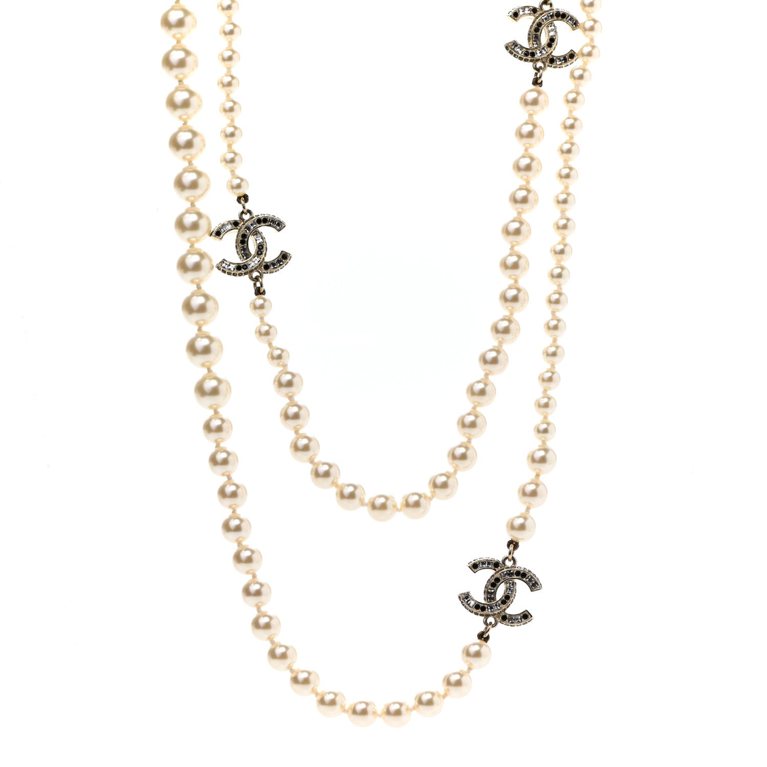 Chanel Graduated Pearl Crystal CC Long Necklace Gold Black 1 of 6