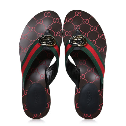 Gucci Nylon Calfskin Web GG Monogram Womens Thong Sandals 38.5 Green Red Cocoa 2 of 8
