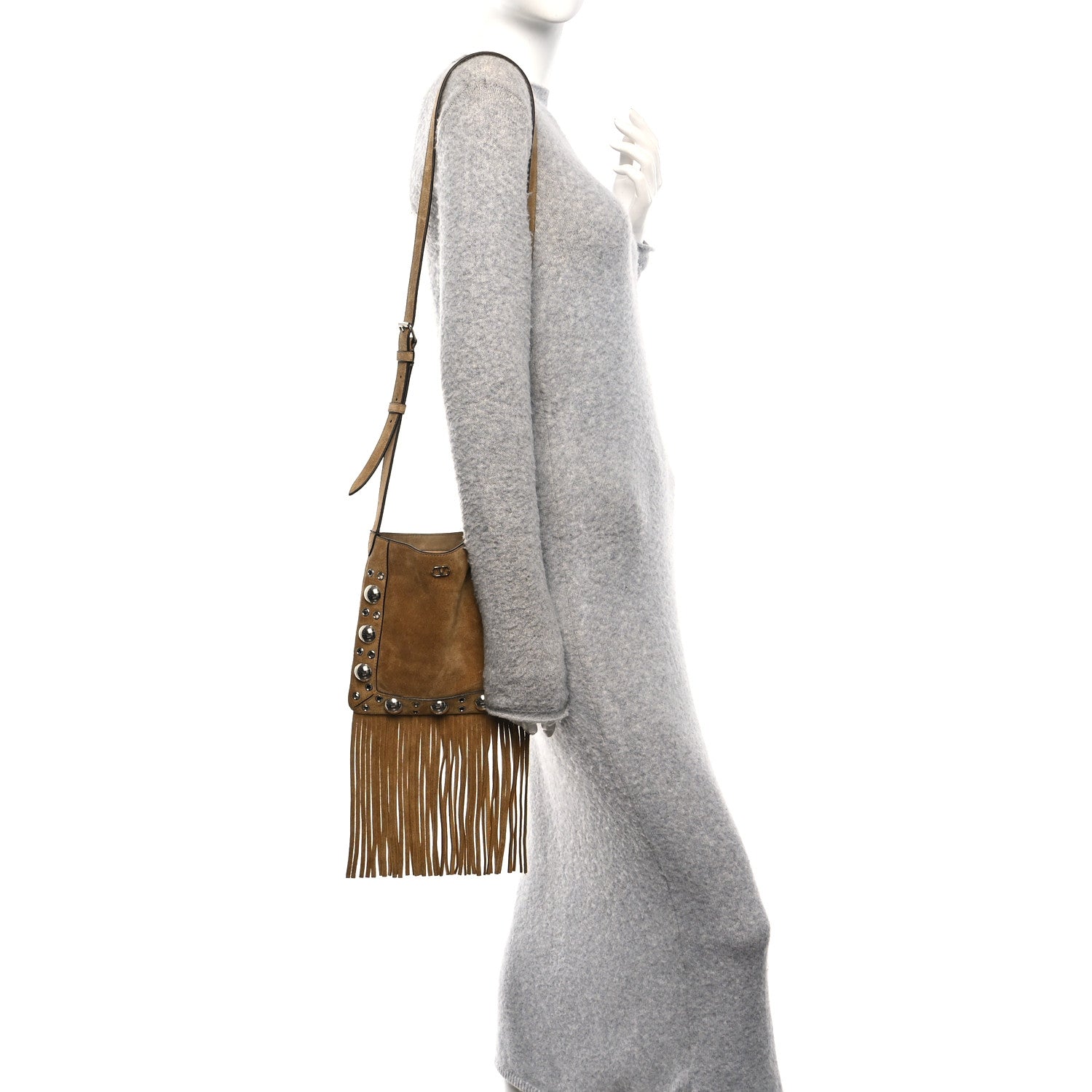 Valentino Garavani Suede Studded Small Nellcote Fringe Shoulder Bag Havana Beige 2 of 8
