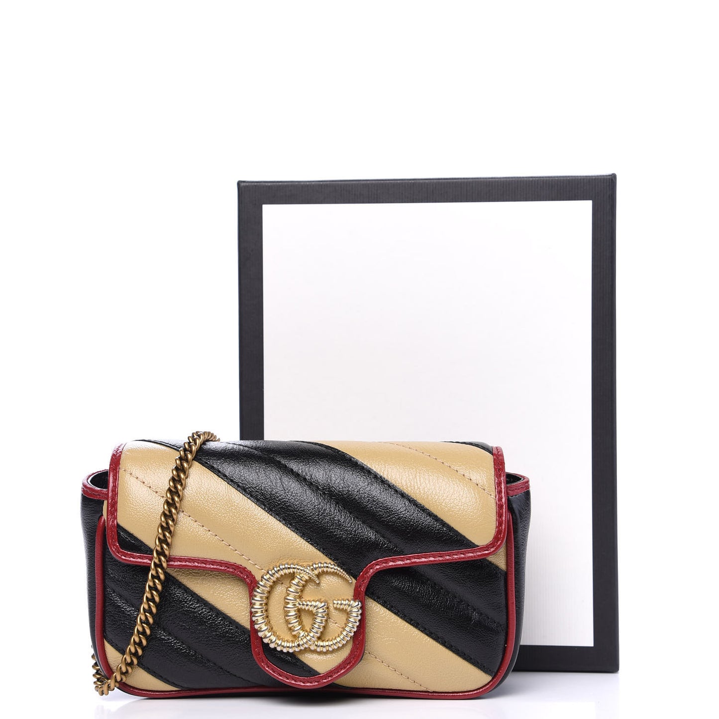 Vintage Effect Calfskin Matelasse Diagonal Striped Super Mini Torchon GG Marmont Shoulder Bag Black Beige