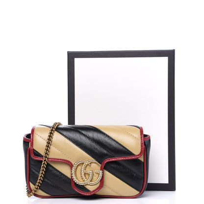 Gucci Vintage Effect Calfskin Matelasse Diagonal Striped Super Mini Torchon GG Marmont Shoulder Bag Black Beige 9 of 9