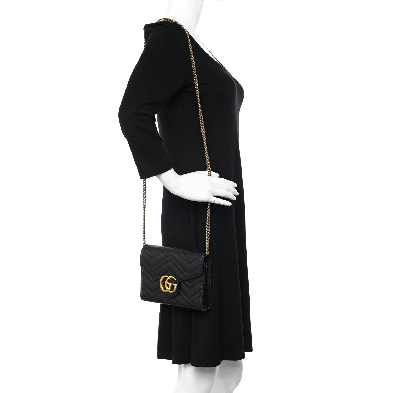 Gucci Calfskin Matelasse GG Marmont Chain Wallet Black 2 of 14