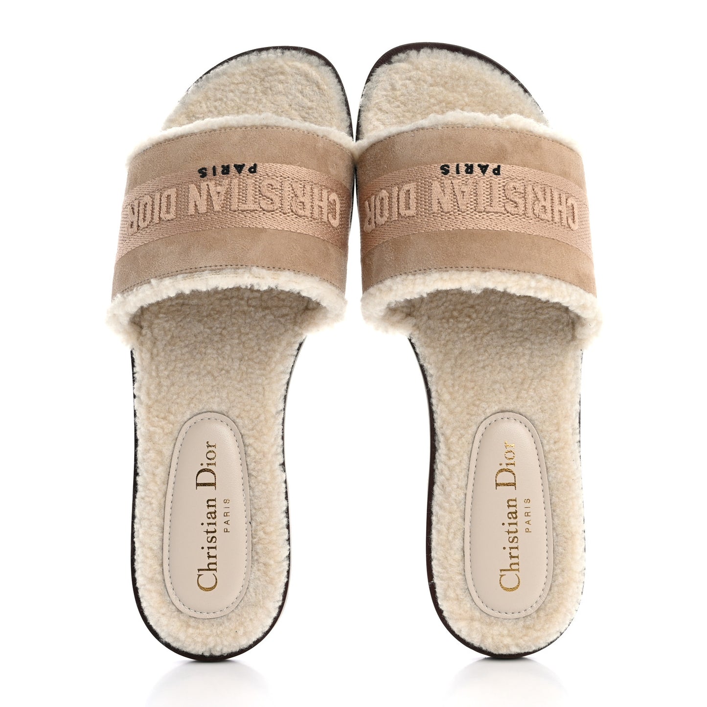 Suede Goatskin Shearling Embroidered Dway Slide Sandals 39 Cookie