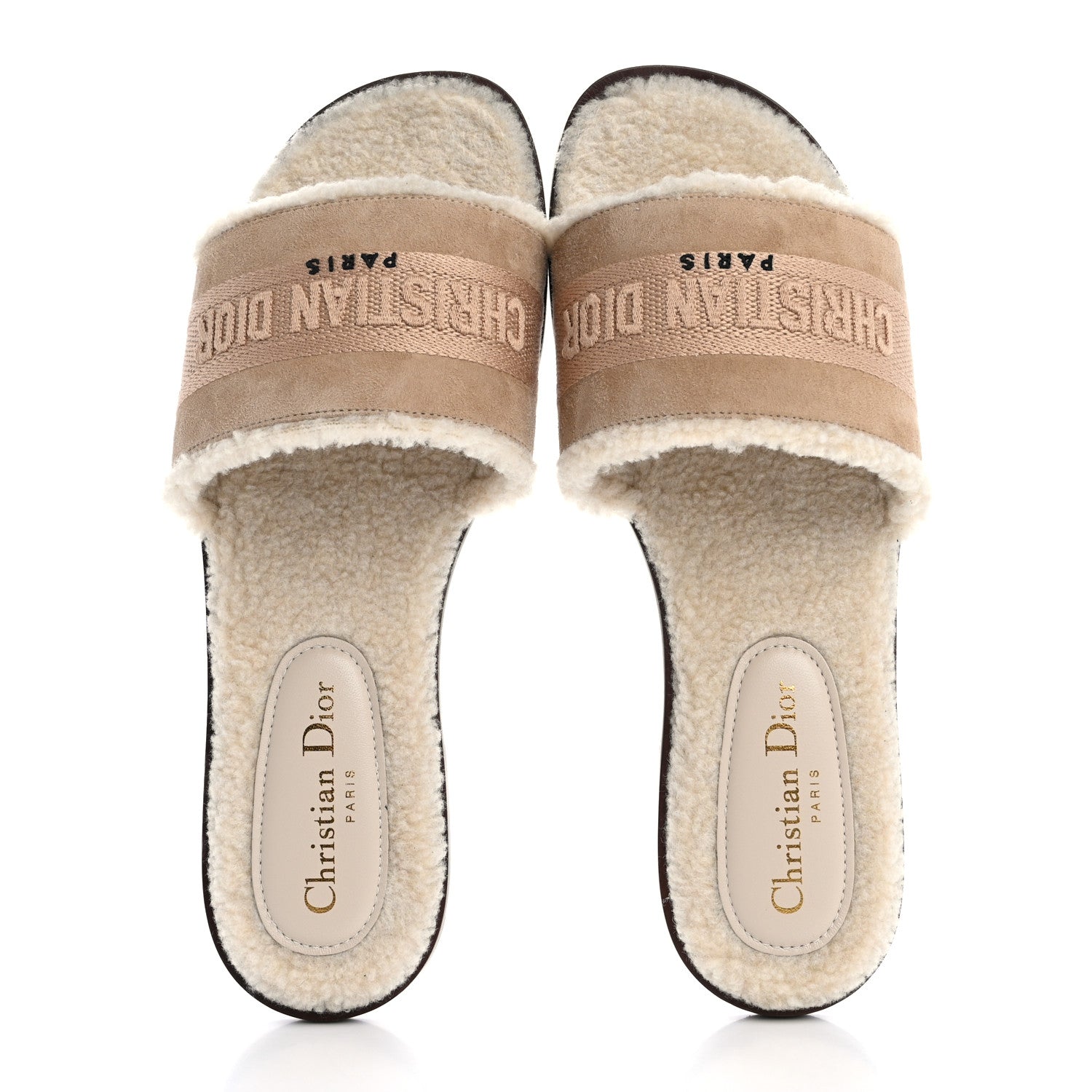Christian Dior Suede Goatskin Shearling Embroidered Dway Slide Sandals 39 Cookie 2 of 11