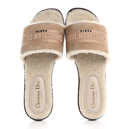 Christian Dior Suede Goatskin Shearling Embroidered Dway Slide Sandals 39 Cookie 2 of 11