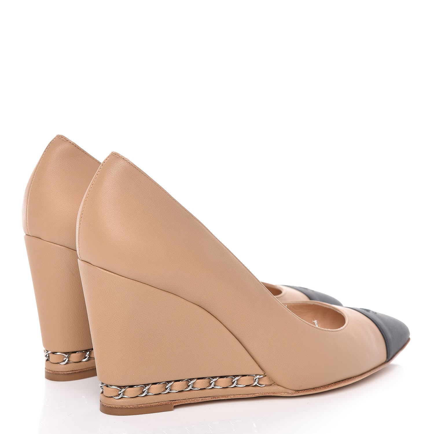 Chanel Calfskin Cap Toe Chain Wedge Pumps 39.5 Marron Clair Black 4 of 8