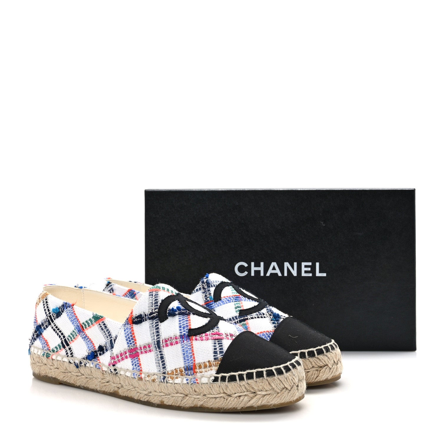 Chanel Tweed Grosgrain CC Espadrilles 40 White Blue Pink Green Black 10 of 10