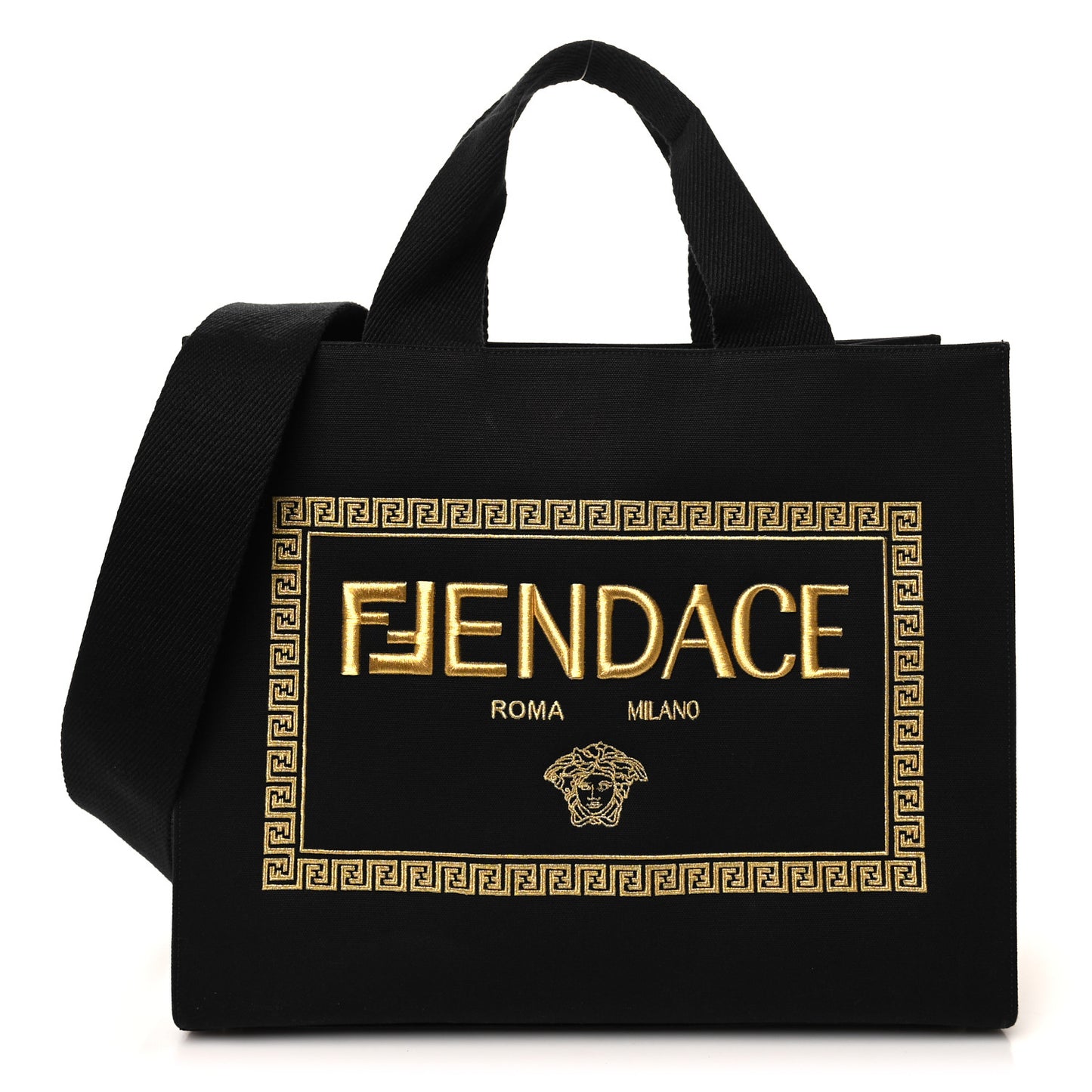 X VERSACE Cotton Canvas Cuoio Romano Fendace Logo Embroidered Signature Shopping Tote Black Gold