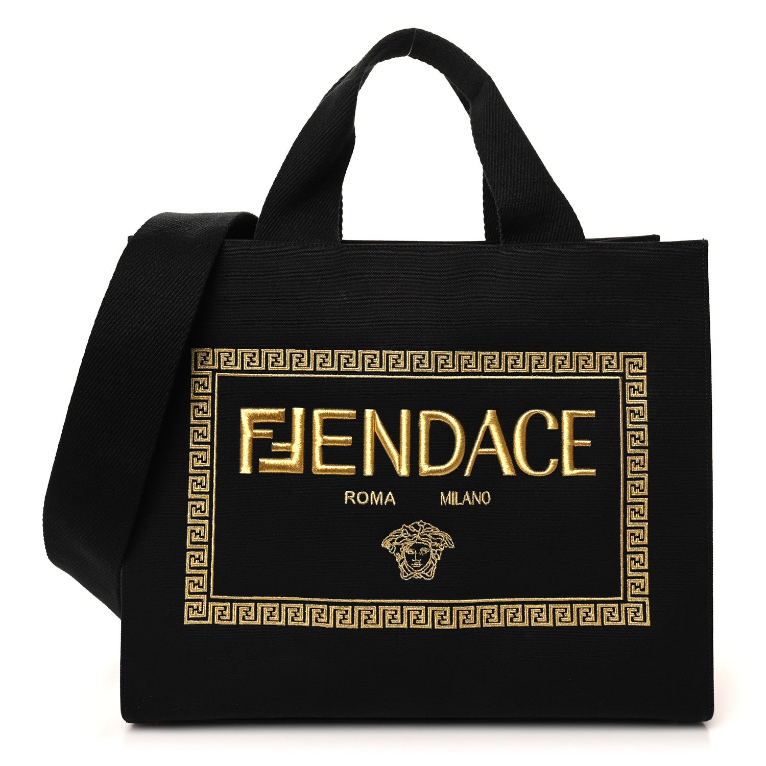Fendi X VERSACE Cotton Canvas Cuoio Romano Fendace Logo Embroidered Signature Shopping Tote Black Gold 1 of 14