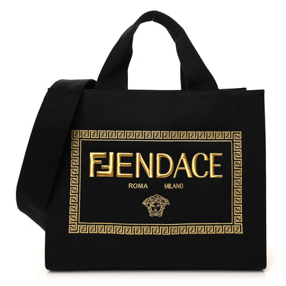 Fendi X VERSACE Cotton Canvas Cuoio Romano Fendace Logo Embroidered Signature Shopping Tote Black Gold 1 of 14