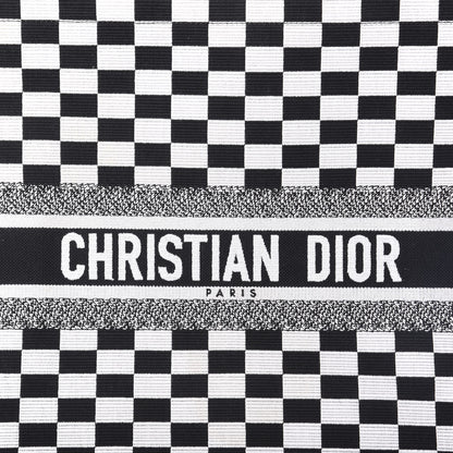 Christian Dior Canvas Embroidered Checkered Book Tote Black White 10 of 11