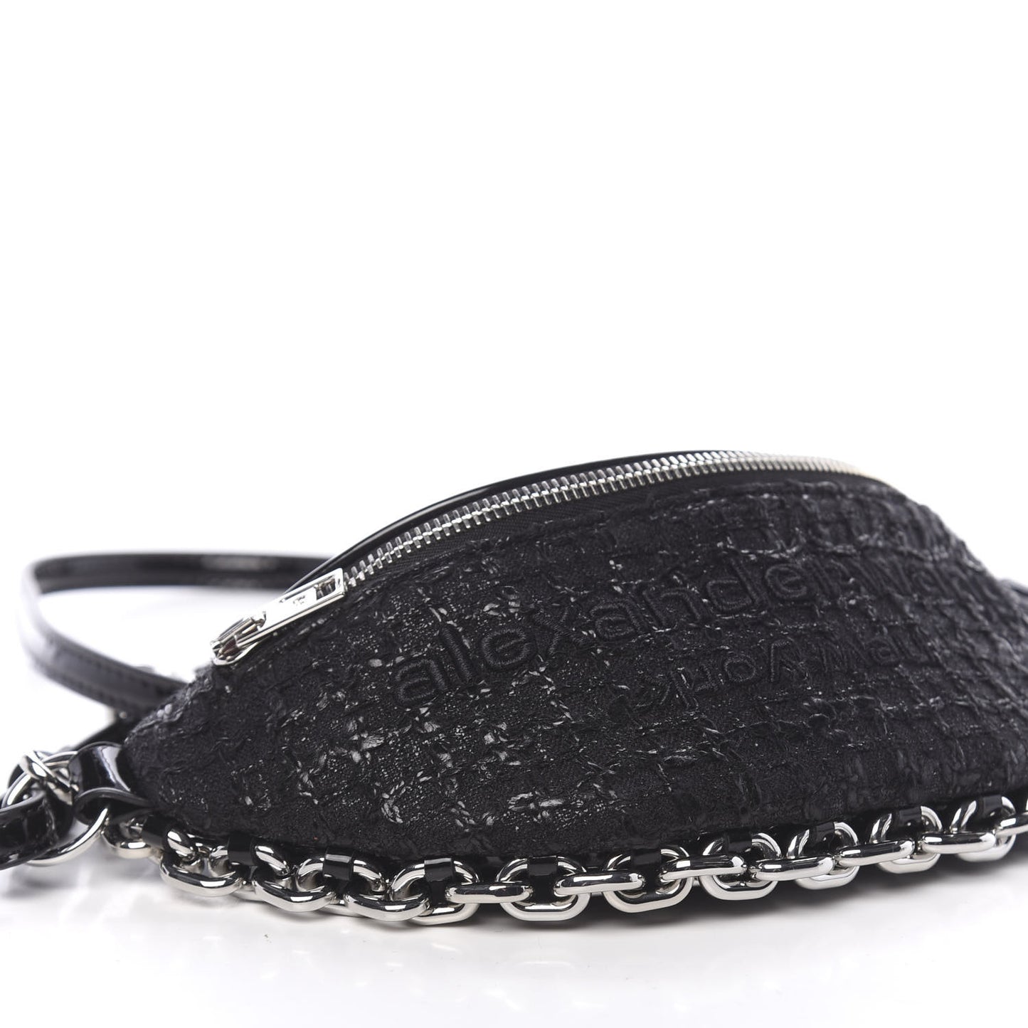 Patent Tweed Chain Embellished Attica Belt Bag Black