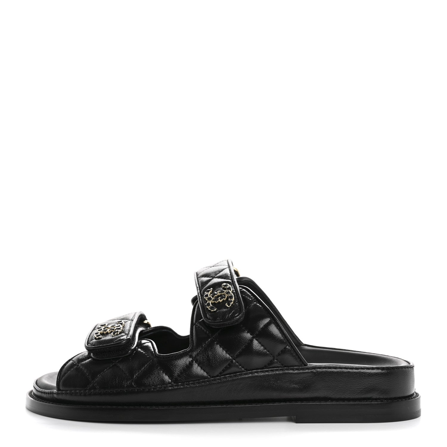 Chanel Lambskin Quilted Velcro Dad Chain CC Slide Sandals 36 Black 1 of 10