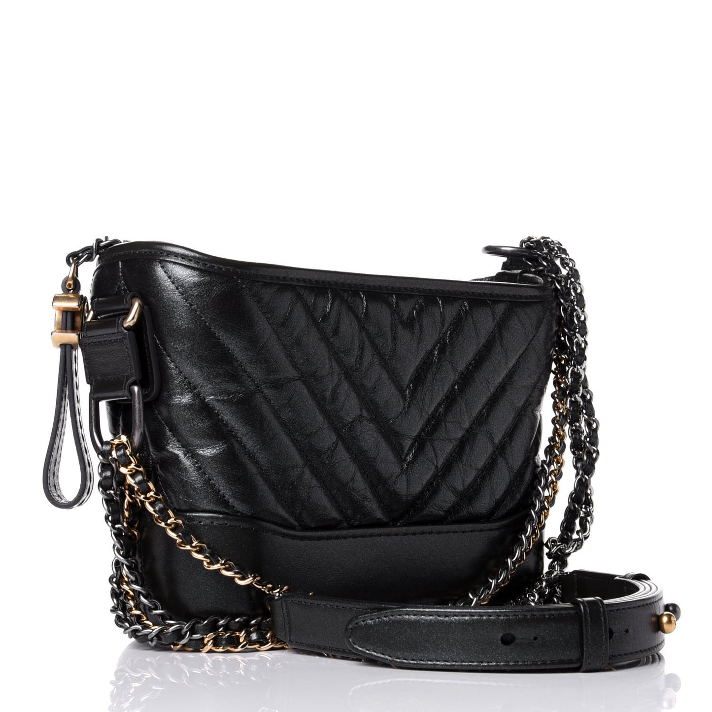 Metallic Aged Calfskin Chevron Quilted Small Gabrielle Hobo Dark Grey