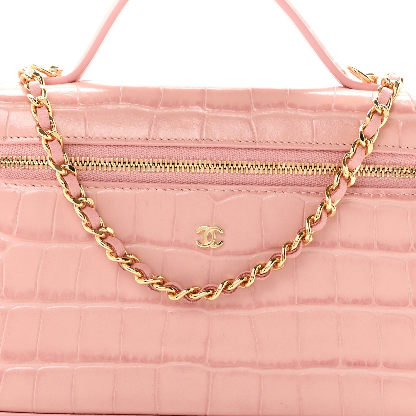 Calfskin Crocodile Embossed Crococo Top Handle Slim Vanity Case With Chain Light Pink
