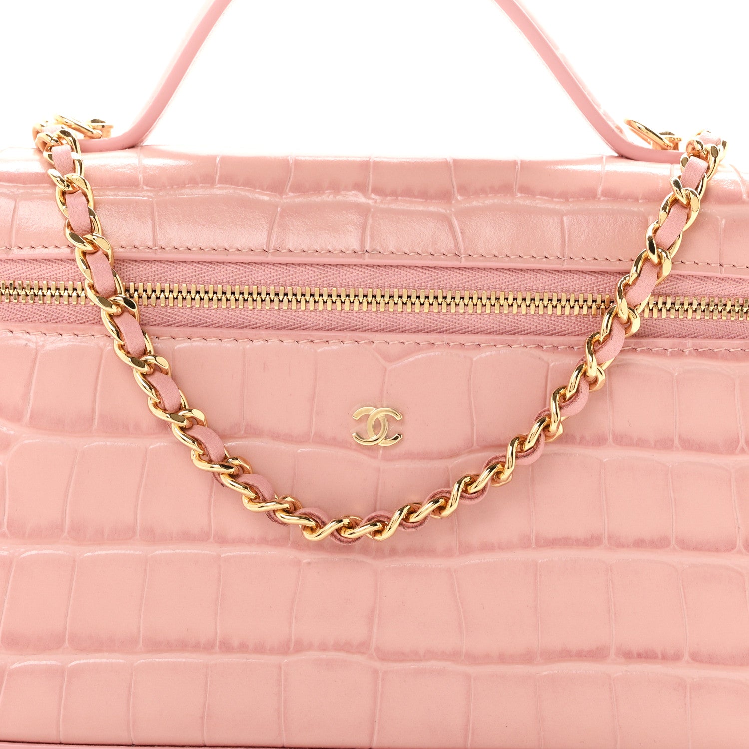 Chanel Calfskin Crocodile Embossed Crococo Top Handle Slim Vanity Case With Chain Light Pink 8 of 11