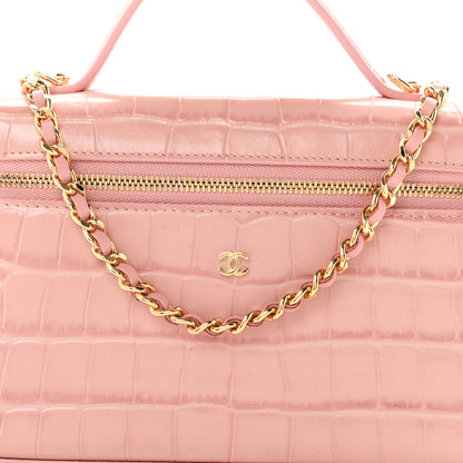 Chanel Calfskin Crocodile Embossed Crococo Top Handle Slim Vanity Case With Chain Light Pink 8 of 11