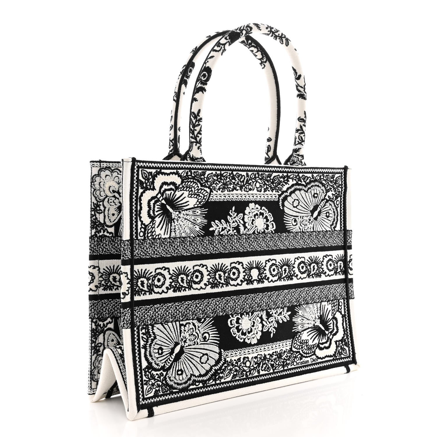 Christian Dior Canvas Butterfly Bandana Embroidered Medium Book Tote Black White 3 of 10
