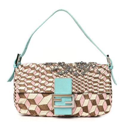 Fendi Fabric Lizard Crystal Embroidered Baguette Celeste 1 of 12