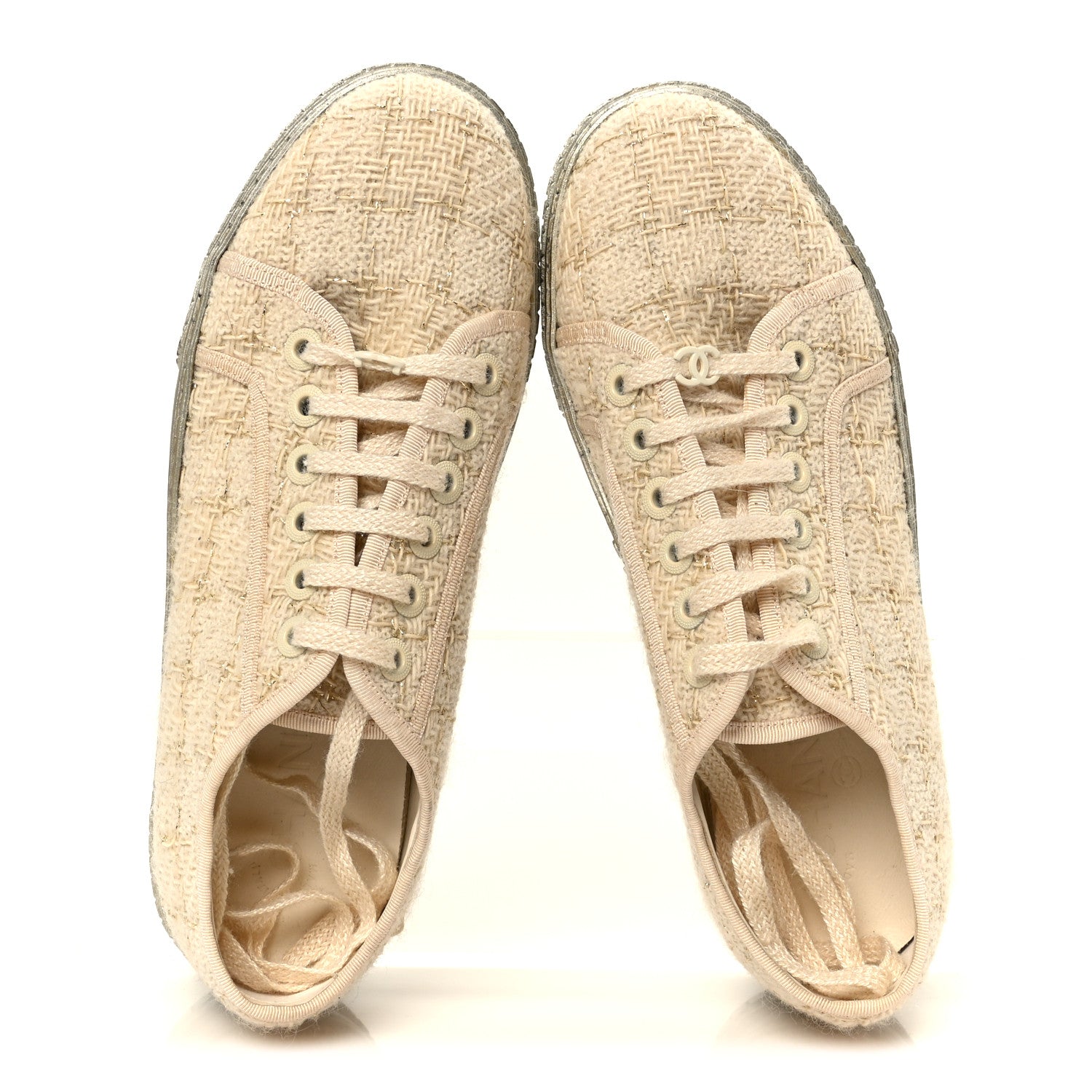 Chanel Tweed Lace Up Sneakers 39 Gold Ecru 2 of 8