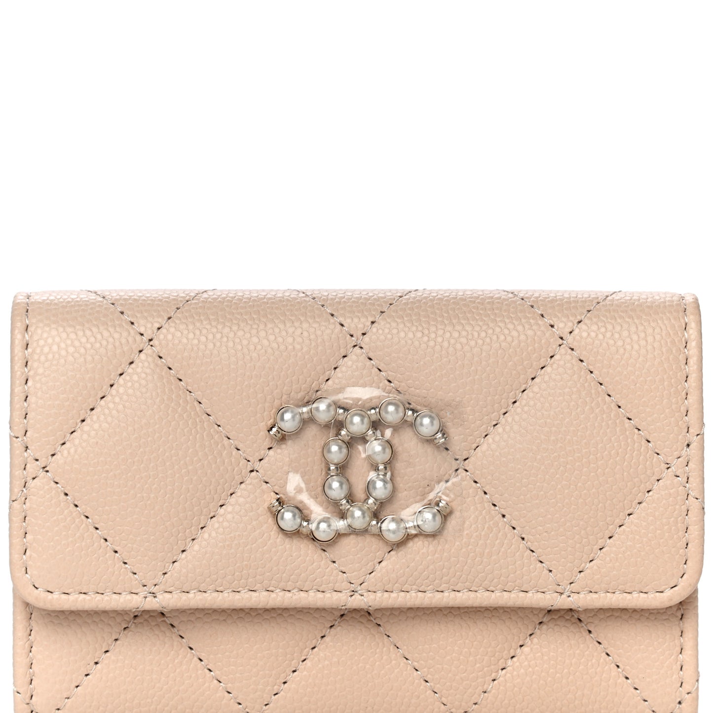 Caviar Pearl Quilted Coco Candy Flap Card Holder Beige