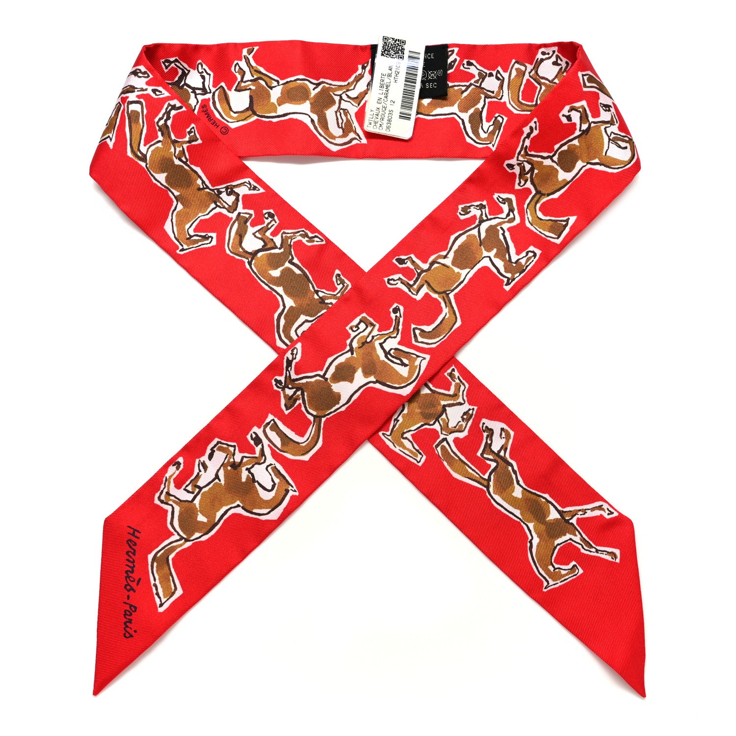 Hermes Silk Chevaux En Liberte Twilly Rouge Caramel White 1 of 4