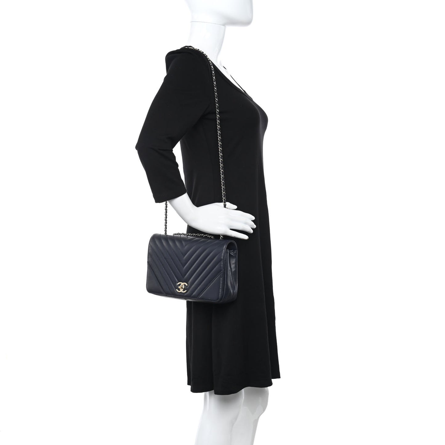 Calfskin Chevron Quilted Small Statement Flap Navy