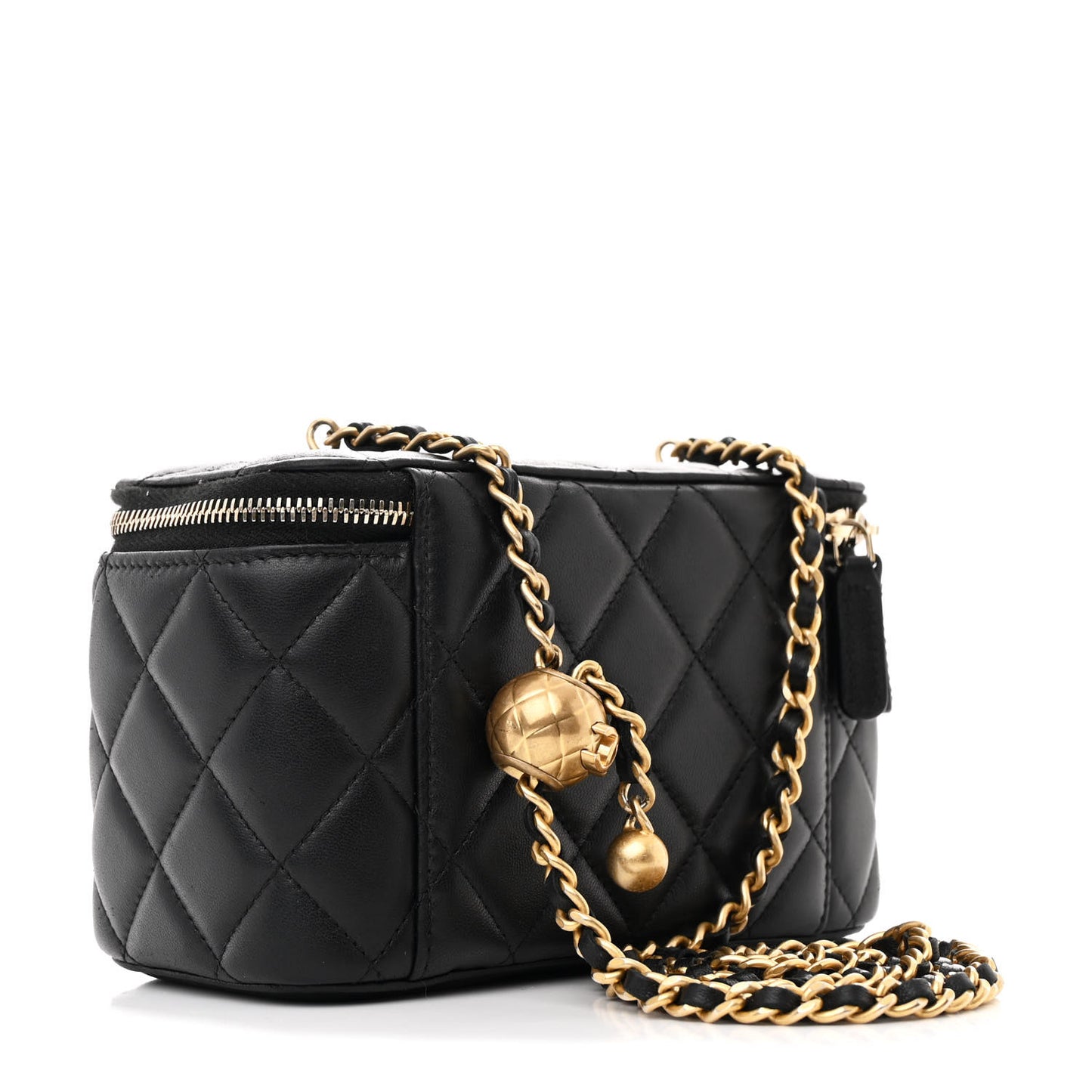 Lambskin Quilted Small Pearl Crush Vanity Case With Chain Black
