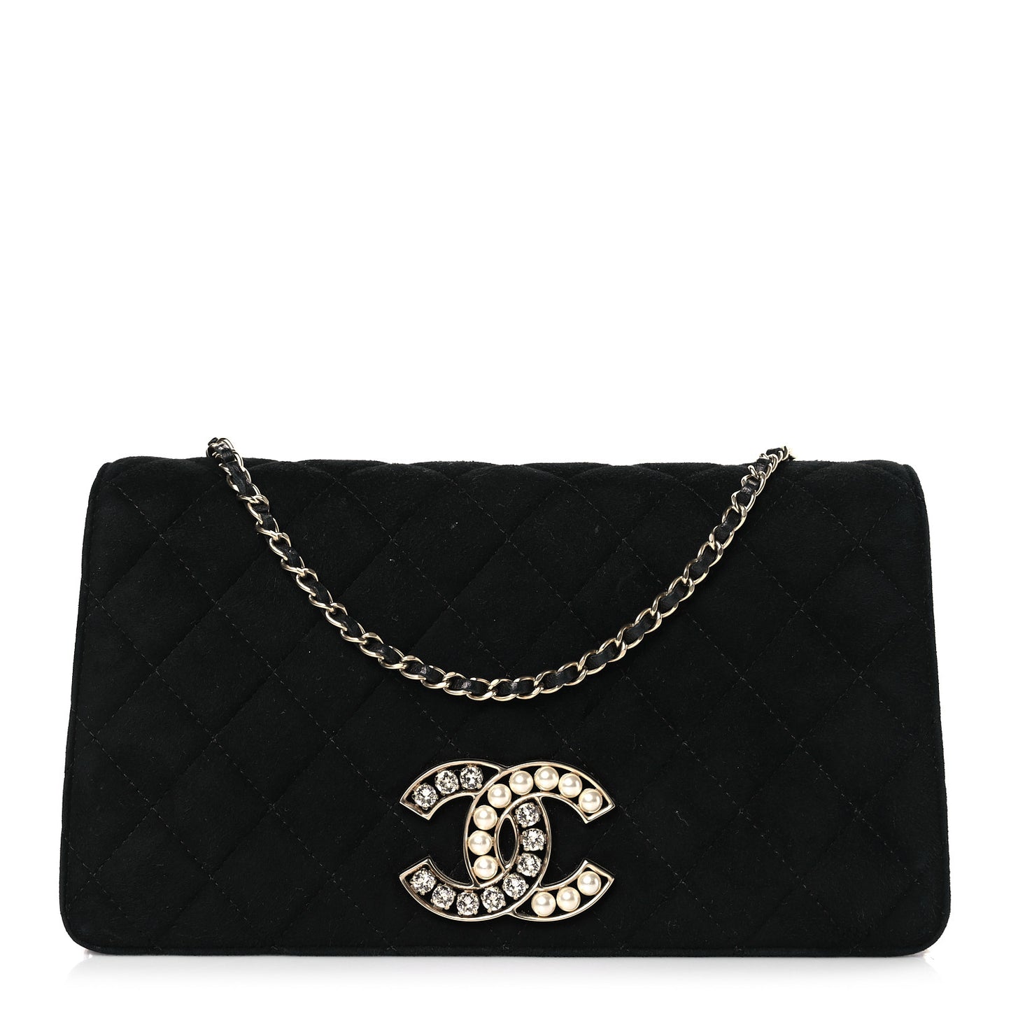 Suede Quilted Crystal Pearl CC Flap Black