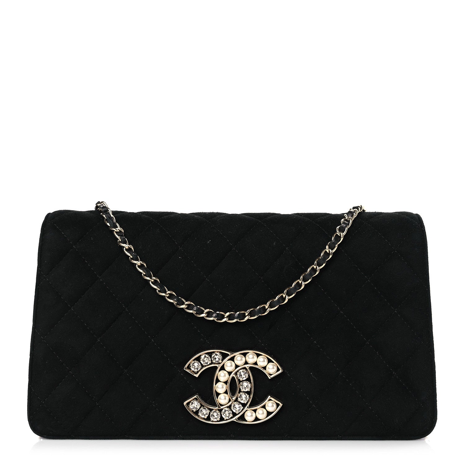 Chanel Suede Quilted Crystal Pearl CC Flap Black 1 of 9