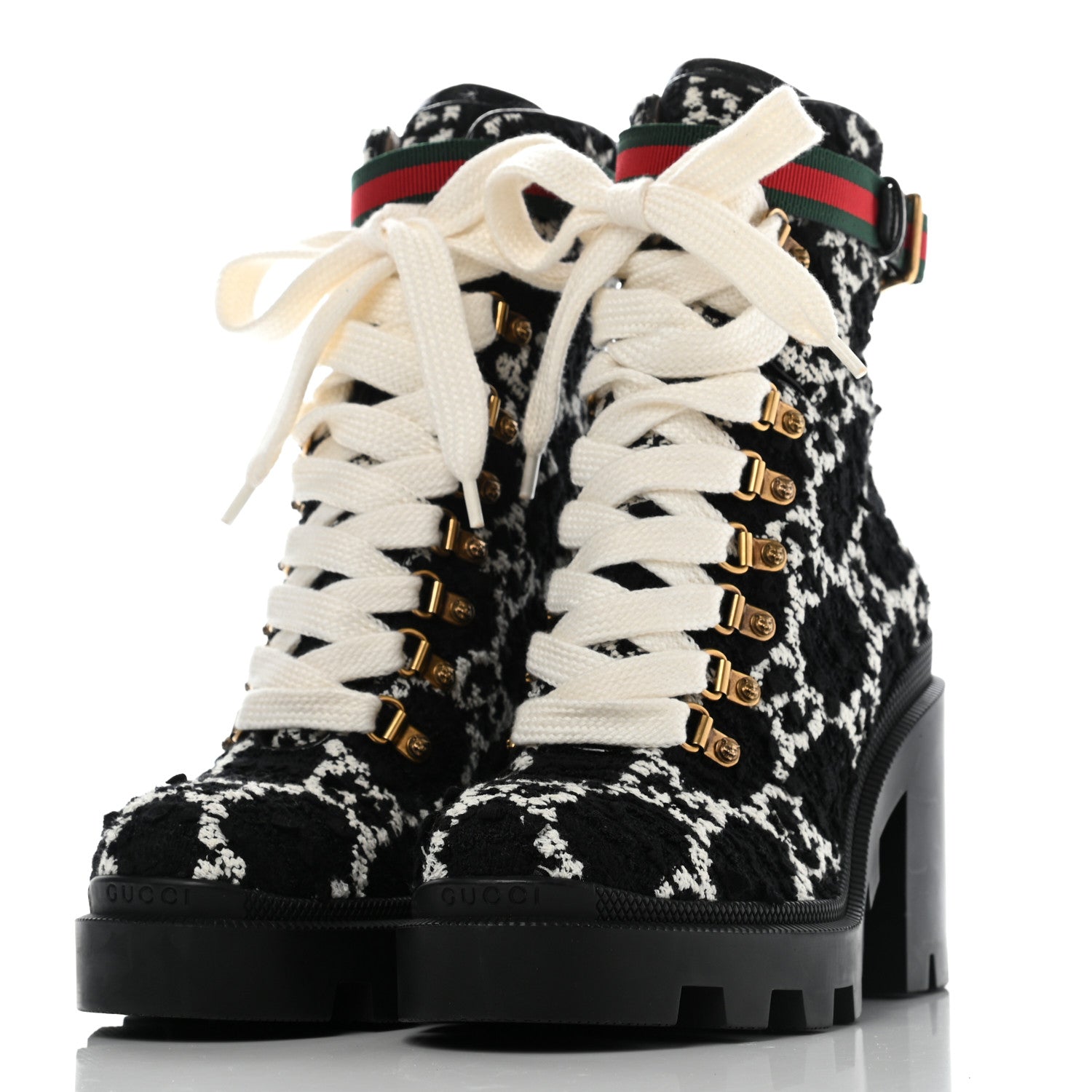 Gucci Tweed GG Monogram Lace Up Combat Ankle Boots 37 Black 3 of 9