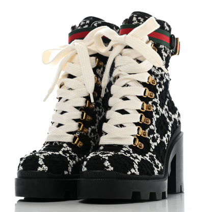 Gucci Tweed GG Monogram Lace Up Combat Ankle Boots 37 Black 3 of 9