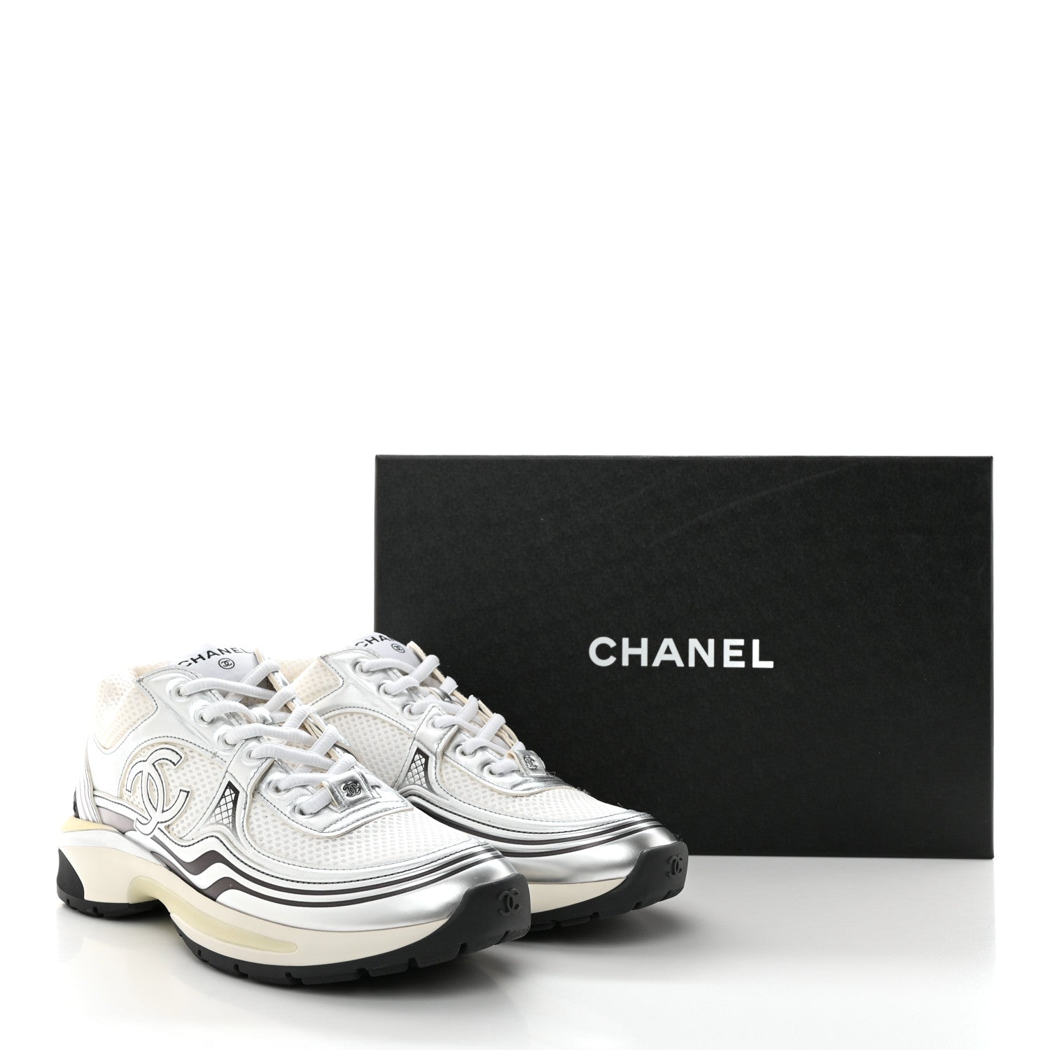 Chanel Fabric Laminated Calfskin Stretch CC Sneakers 38.5 White Silver 11 of 11
