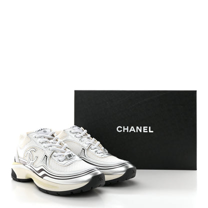 Chanel Fabric Laminated Calfskin Stretch CC Sneakers 38.5 White Silver 11 of 11