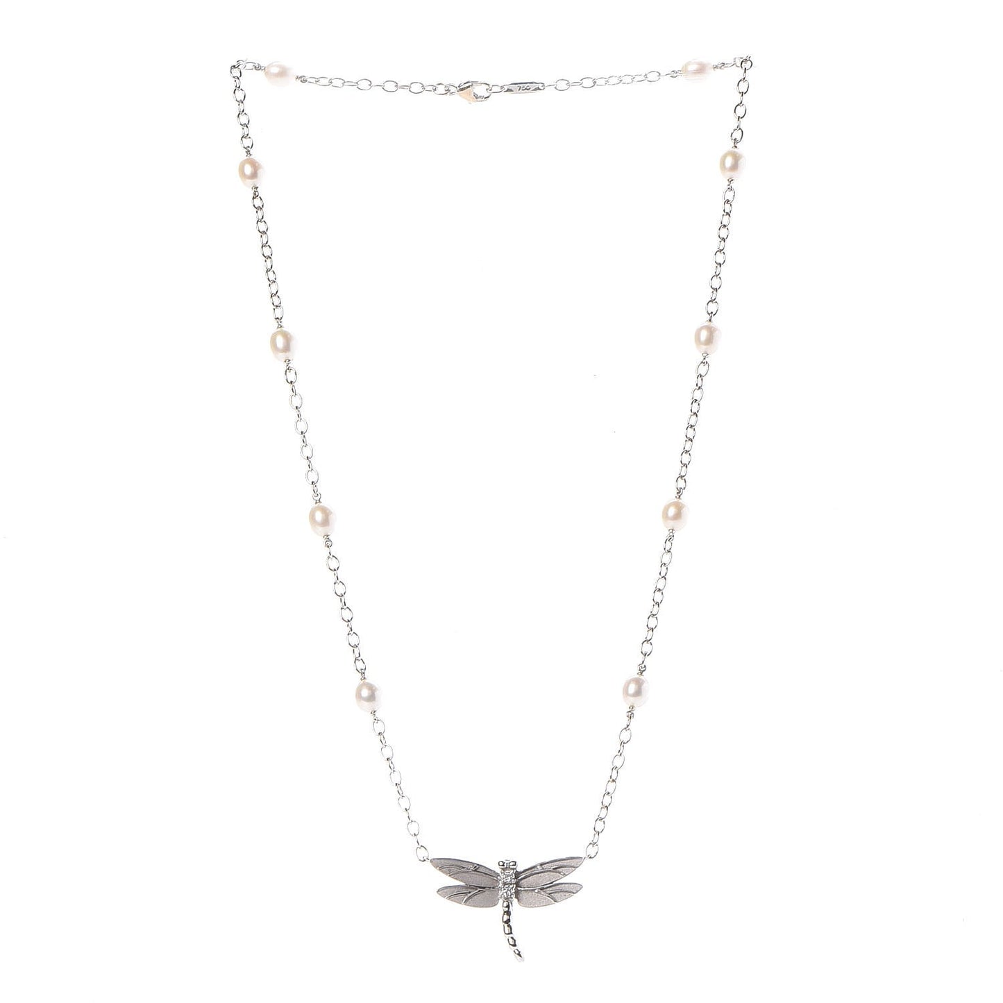 18K White Gold Diamond Pearl Dragonfly Station Necklace