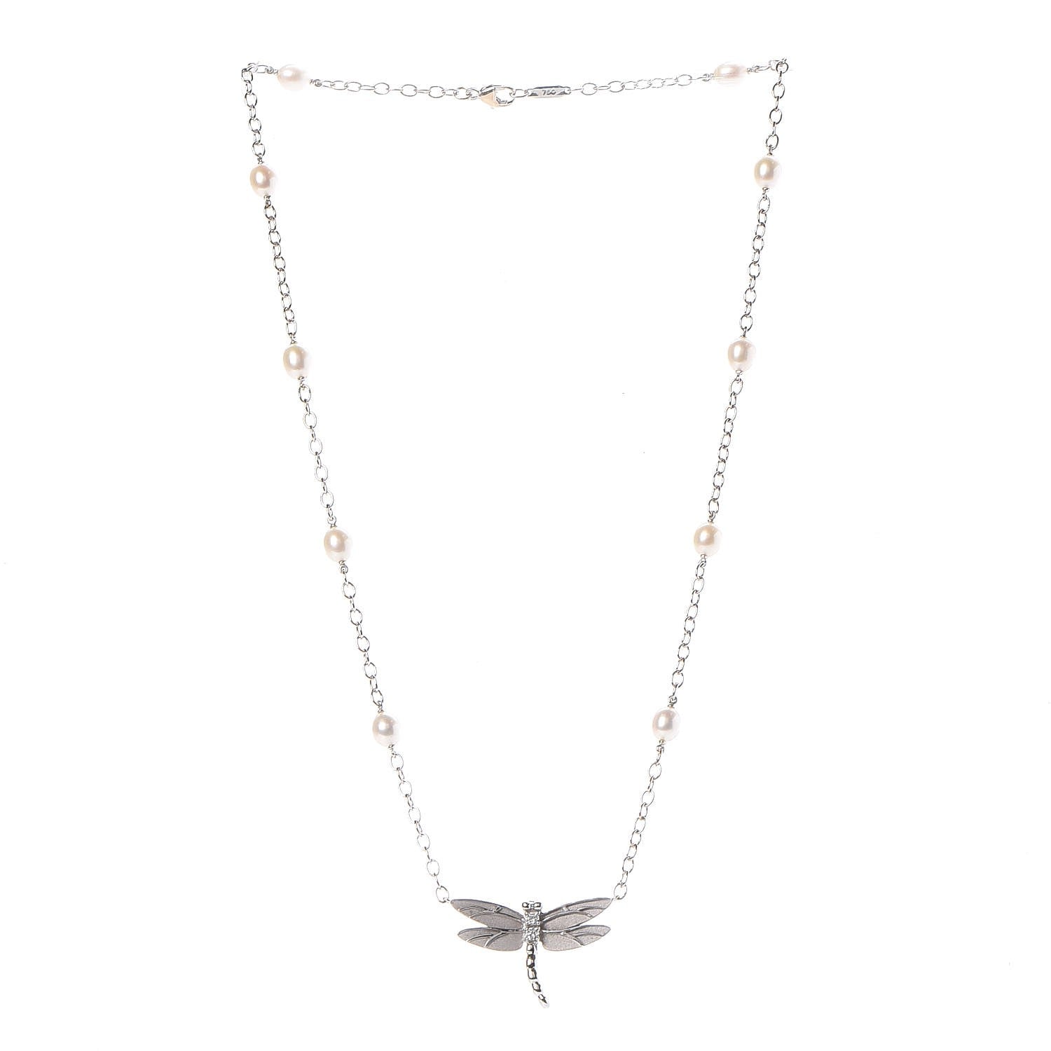 Tiffany 18K White Gold Diamond Pearl Dragonfly Station Necklace 3 of 7