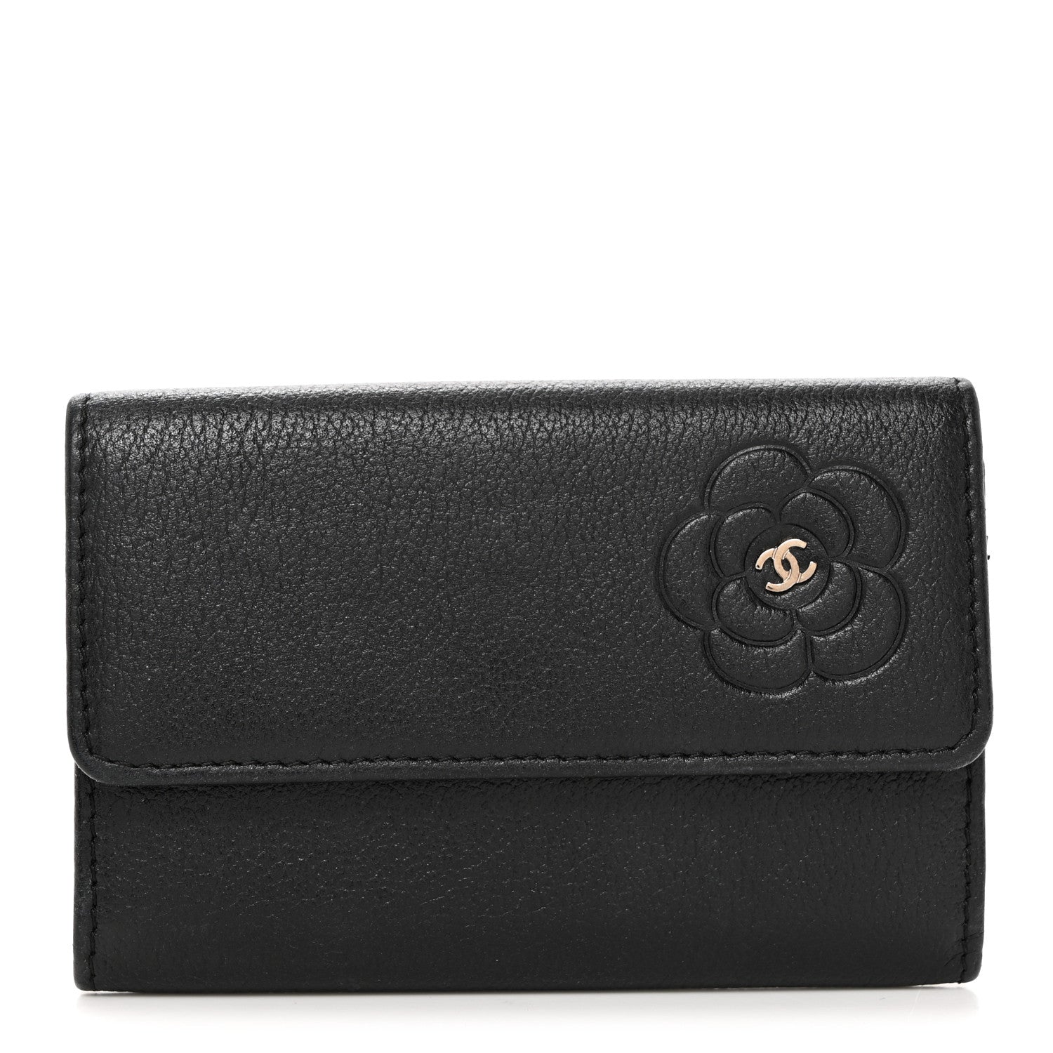 Chanel Goatskin Embossed Camellia Flap Card Holder Black 1 of 8