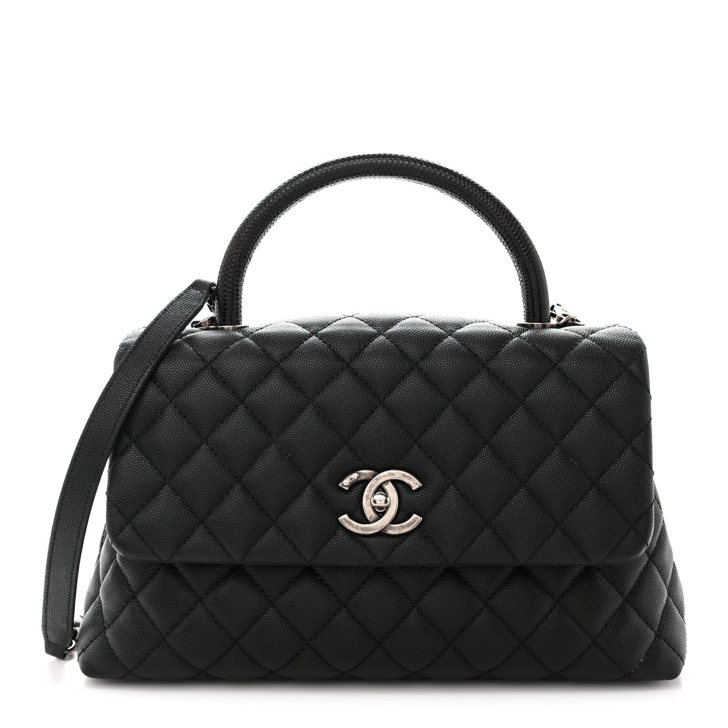 Caviar Lizard Embossed Quilted Small Coco Handle Flap Black