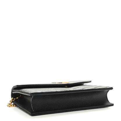 Saint Laurent Grain De Poudre Matelasse Chevron Monogram Envelope Chain Wallet Black 3 of 10