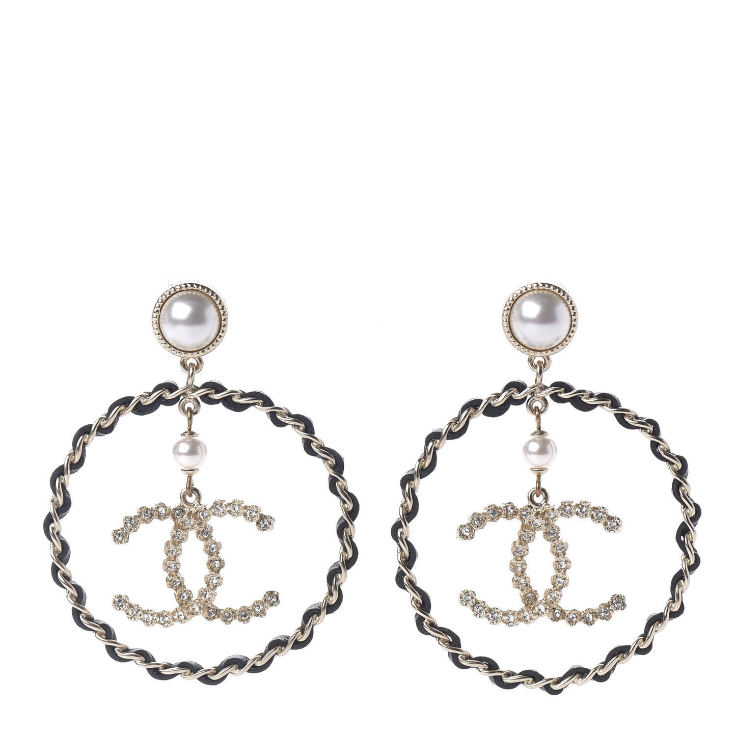 Lambskin Crystal Pearl CC Chain Hoop Earrings Gold Black