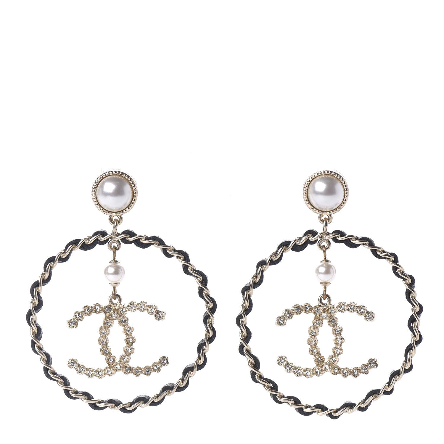 Chanel Lambskin Crystal Pearl CC Chain Hoop Earrings Gold Black 1 of 5